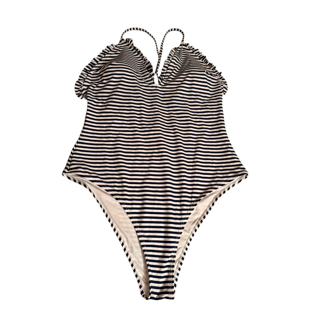 Woman’s Nautical Cupshe Stripe Blue and White Ruffle One Piece Swimsuit Size Xl